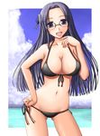  :d bikini black_bikini blue_eyes blue_hair blush breasts cleavage cloud collarbone day front-tie_top glasses halterneck hand_on_hip large_breasts long_hair looking_at_viewer lowleg lowleg_bikini navel ocean open_mouth original oyabun_(higashi) side-tie_bikini sky smile solo swimsuit 