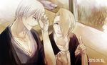  2boys anbe bleach blonde_hair blue_eyes ichimaru_gin kira_izuru multiple_boys silver_hair smile 