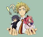  1girl 2boys bad_id bad_pixiv_id blonde_hair blue_eyes chibi emukae_mukae face foreshortening hands hitoyoshi_zenkichi kumagawa_misogi medaka_box miniboy minigirl multiple_boys okuni_ken pink_eyes pink_hair screw sweatdrop 