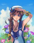  anchor animal animal_on_shoulder arm_up armpits bad_id bad_pixiv_id bird bird_on_shoulder blue_eyes blush bracelet braid brown_hair day face flower hair_over_shoulder hat highres jewelry lips long_hair long_neck mayday morning_glory original pendant ring seagull shading_eyes smile solo twin_braids 