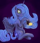  alicorn blue_body blue_hair cutie_mark equine eyelashes fear female feral friendship_is_magic glowing green_eyes grimdark hair hooves horn horse insane long_hair mammal my_little_pony pegacorn pony princess_luna_(mlp) purple_background sbshouseofpancakes solo teeth winged_unicorn wings 