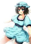  black_hair blue_eyes breasts dress hat holding_hands large_breasts open_mouth out_of_frame perspective pov pov_hands shiina_mayuri shirt short_hair shorts_under_dress smile solo steins;gate taut_clothes taut_shirt tekehiro 