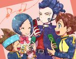  blue_eyes blue_hair bracelet brown_hair cellphone cellphone_charm cloak inazuma_eleven_(series) inazuma_eleven_go jewelry jjjjjj matsukaze_tenma multiple_boys nishizono_shinsuke open_mouth phone short_hair sorano_aoi spiked_bracelet spikes tsurugi_kyousuke yellow_eyes 