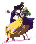  1girl black_hair blue_eyes breasts con-som-me cosplay crossdressing crown dancing dress green_hair high_heels large_breasts long_hair makeup nico_robin one_piece roronoa_zoro shoes snow_white snow_white_and_the_seven_dwarfs 