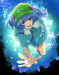  blue_eyes blue_hair hair_bobbles hair_ornament hat highres kawashiro_nitori key short_hair short_twintails solo touhou twintails two_side_up underwater uzuki_tatsuki 