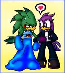  &hearts; avian beak bird black_eyes blue_eyes bow_tie couple darkeiya dress duo female gloves gradient_background green green_body hawk jet_the_hawk male purple purple_body role_reversal sega seonic_(series) shoes sonic_(series) sonic_riders swallow_(bird) tuxedo wave_the_swallow 