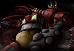  arm_blade axe blade blood blood_stain cape dual_wielding getter-1 getter_robo holding mecha no_humans oldschool solo super_robot tect torn_clothes weapon 