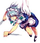  apron blue_skirt braid hair_ribbon izayoi_sakuya knife kogiso maid maid_headdress red_eyes ribbon silver_hair simple_background skirt solo touhou twin_braids 