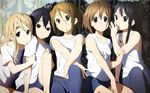  akiyama_mio belt cutoff_jeans cutoffs denim denim_shorts highres hirasawa_yui horiguchi_yukiko jeans k-on! kotobuki_tsumugi looking_at_viewer multiple_girls nakano_azusa official_art pants scan shirt shorts sitting tainaka_ritsu white_shirt 