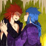  2boys axel blue_hair blush hand_holding kingdom_hearts male male_focus multiple_boys red_hair saix yaoi 