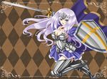  annelotte argyle argyle_background armor armored_dress blue_eyes boots breasts brown_background cape cleavage gauntlets inoino large_breasts legs long_hair open_mouth purple_hair queen's_blade queen's_blade_rebellion shield sideboob smile sword thigh_boots thighhighs thighs tiara weapon 