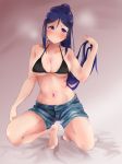  10s 1girl bare_shoulders barefoot blue_hair blush breasts cleavage eyebrows_visible_through_hair head_tilt kawa_nen large_breasts long_hair looking_at_viewer love_live! love_live!_sunshine!! matsuura_kanan multiple_views navel ponytail purple_eyes shorts squatting tied_hair touching_hair 