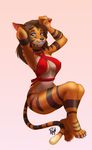  bottomless brown_hair clothed clothing feline female hair half-dressed ipan long_hair looking_at_viewer mammal markings pinup plain_background pose simple_background sitting skimpy solo yellow_eyes 