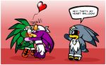  &hearts; avian bandanna beak bird boots clothing couple cute darkeiya eyewear female goggles green green_body grey grey_body group hawk jet_the_hawk kissing male necklace oblivious pants purple purple_body sega shocked sonic_(series) sonic_riders storm_the_albatross sunglasses swallow_(bird) wave_the_swallow 