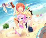  5girls :d akechi_kokoro arched_back assisted_exposure bare_shoulders beach bikini bikini_top_removed blonde_hair blue_eyes blue_hair blush bow closed_eyes cordelia_glauca drill_hair eating food frilled_bikini frills fruit hair_bow hair_ornament hairpin hato_haru hercule_barton ikayaki innertube kneeling multiple_girls mushroom nude one-piece_swimsuit open_mouth pink_hair popsicle red_eyes red_hair school_swimsuit sherlock_shellingford sitting smile swimsuit tantei_opera_milky_holmes topless wading wardrobe_malfunction water watermelon wince yokozuwari yuzurizaki_nero 