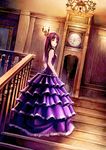  chandelier clock dress dutch_angle eyepatch flower grandfather_clock hair_flower hair_ornament kurumayama long_hair original purple_eyes purple_hair solo stairs 