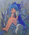  acrylic_paint_(medium) ama-tou bare_legs barefoot blue_eyes blue_hair blue_skirt blush bow carrot chin_rest cirno crystal feet hair_bow hand_on_own_chin highres icicle short_hair sitting skirt snowman solo toes touhou traditional_media wings 