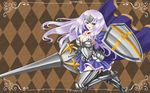  annelotte argyle argyle_background armor armored_dress blue_eyes boots breasts brown_background cape cleavage gauntlets inoino lance large_breasts legs long_hair open_mouth polearm purple_hair queen's_blade queen's_blade_rebellion shield sideboob smile thigh_boots thighhighs thighs tiara weapon 