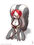  big_breasts breasts female hair_over_eye jewel joe_randel plain_background red_eyes seductive skimpy skunk solo white_background 