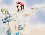  2boys ass bent_over blonde_hair genjyo_sanzo male male_focus multiple_boys on_lap pants_down red_hair saiyuki sha_gojyo spanked spanking yaoi 