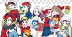  4girls alternate_costume alternate_headwear backwards_hat bandana beanie blue_(pokemon) checkered checkered_background coat copyright_name cyndaquil eevee fire gen_1_pokemon gen_2_pokemon gen_3_pokemon gen_4_pokemon gold_(pokemon) haruka_(pokemon) hat hikari_(pokemon) hirako holding holding_poke_ball kotone_(pokemon) kouki_(pokemon) marill multiple_boys multiple_girls pichu pikachu piplup poke_ball pokemon pokemon_(creature) pokemon_(game) pokemon_dppt pokemon_frlg pokemon_hgss pokemon_platinum pokemon_rse pokenav red_(pokemon) red_(pokemon_frlg) scarf skiploom smile torchic turtwig vs_seeker winter_clothes yuuki_(pokemon) 