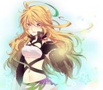  ahoge bad_id bad_pixiv_id black_gloves blonde_hair gloves gradient_hair green_hair long_hair milla_maxwell multicolored_hair outstretched_hand red_eyes skirt smile solo star strapless streaked_hair tales_of_(series) tales_of_xillia touyama_soboro tubetop 