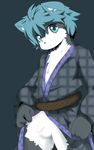  anthro balls blue_hair canine clothing cub flaccid hair holding japanese_clothing kurokiri looking_at_viewer male mammal penis plain_background solo uncut young 