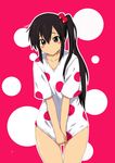  alternate_hairstyle black_hair blush bottomless brown_eyes k-on! kaname_nagi listen!! long_hair nakano_azusa polka_dot shirt_tug side_ponytail solo 