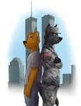  9/11 america american_flag anthro avoidable_anatomy_mistake back_to_back canine duo hat looking_at_viewer lupine_assassin male mammal military_uniform patriotism soldier tail twin_towers unknown_artist wolf 