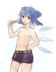  belt blue_hair cirno flat_chest food hand_on_hip masa_(neku) no_nose popsicle short_hair shorts sketch solo sweat sweatdrop topless touhou wings 