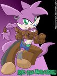  blue_clothing breasts brown_clothing cleavage clothed clothing ear_piercing fangs female green_eyes lil&#039;_shock lil'_shock mammal midriff mustelid navel nic_the_weasel piercing pointing ponytail purple purple_body sega solo sonic_(series) tail weasel 