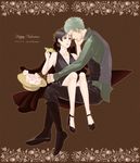  1girl breasts brown_background bxw dress flower formal genderswap genderswap_(mtf) green_hair hat large_breasts luffyko one_piece roronoa_zoro scar straw_hat 