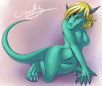  blonde_hair breasts cloudy_kitty dragon female green_eyes hair inika lizard looking_at_viewer nipples nude pinup plain_background pose reptile scalie simple_background solo 