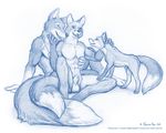  anthro balls blue blue_and_white canine dog_tags eyes_closed feral fox from_behind gay group hug hug_from_behind male mammal monochrome nude plain_background sheath sketch taurin_fox white_background wolf 