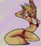  &hearts; anthro blonde_hair canine clothed clothing female fox green_eyes hair kneeling looking_at_viewer mammal nancy one_eye_closed pinup pose sheppi skimpy solo 