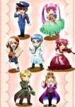  4boys ;d ahoge armlet asbel_lhant bad_id bad_pixiv_id belt blue_eyes blue_flower blue_rose blue_shirt book bouquet bow brown_eyes brown_hair cheria_barnes colored_eyelashes cross doctor dress eyewear_on_head facial_hair flower frills full_body glasses gloves hair_flower hair_ornament hand_on_hip happy hat highres honey_(sango211) hubert_ozwell instrument jacket jewelry long_hair malik_caesars multicolored_hair multiple_boys multiple_girls mustache necklace necktie one_eye_closed open_mouth pants pascal pencil pink_flower pink_hair pink_rose police police_hat police_uniform policeman priest purple_eyes purple_hair red_eyes red_flower red_hair red_rose ribbon richard_(tales) rosary rose salute scarf shirt shoes short_hair short_twintails sketchbook smile sneakers sophie_(tales) standing standing_on_one_leg stethoscope sunglasses surprised tales_of_(series) tales_of_graces twintails two-tone_hair uniform violin white_gloves white_hair 