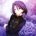  arm_at_side black_hair bob_cut breast_squeeze breasts brown_eyes fate/zero fate_(series) floral_background flower hair_between_eyes hair_strand highres hisau_maiya hydrangea long_sleeves looking_at_viewer parted_lips purple purple_hair short_hair small_breasts solo takeuchi_takashi upper_body 