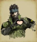  bandana beard big_boss blue_eyes brown_hair eyepatch facial_hair heart heart_hands ikuyoan male_focus metal_gear_(series) metal_gear_solid_3 moe_moe_kyun! naked_snake solo 