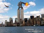  aircraft airplane ape chain english_text explosion king_kong mammal new_york primate skyscraper solo text twin_phallus unknown_artist water world_trade_center 