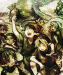  4boys ^_^ aoki_(fumomo) chin_rest clenched_hand closed_eyes fado_(ocarina_of_time) fairy forest kokiri link lowres mido mido_(ocarina_of_time) monochrome multiple_boys multiple_girls nature raised_fist saria the_legend_of_zelda the_legend_of_zelda:_ocarina_of_time young_link 