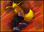  black_nose blonde_hair eeveelution eyes_closed flareon hair male nintendo pok&#233;mon pok&eacute;mon skateboard solo tail thezules video_games 