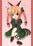  animal_ears bad_id bad_pixiv_id blush braid cat_ears cat_tail dress fang green_dress hair_ribbon kaenbyou_rin multiple_tails nekomata open_mouth paw_print pila-pela red_eyes red_hair ribbon sitting solo tail touhou twin_braids twintails 