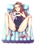  bare_shoulders barefoot blush brown_hair cameltoe covered_navel feet idolmaster idolmaster_(classic) idolmaster_2 inuga_anahoru long_hair long_legs looking_at_viewer lotion lying minase_iori on_back one-piece_swimsuit open_mouth red_eyes school_swimsuit sexually_suggestive solo spread_legs stuffed_animal stuffed_bunny stuffed_toy sunscreen swimsuit 