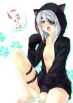  animal_ears animal_hood barefoot blush bottomless cat_ears cat_hood eyepatch feet gloves hood hoodie infinite_stratos kouji_(campus_life) laura_bodewig long_hair naked_hoodie no_bra open_clothes open_mouth pajamas red_eyes silver_hair solo thigh_strap toes unzipped white_hair zipper 