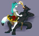  &hearts; anthro beer blue_hair blush canine clothing dress drunk facial_markings female glass hair hi_res icee looking_at_each_other male markings navaut pouring ribbons shorts sitting tongue tongue_out uni wolf 