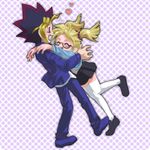  blonde_hair blush glasses mutou_yuugi rebecca_hopkins skirt smile spiked_hair spikey_hair twintails yu-gi-oh! yuu-gi-ou_duel_monsters 