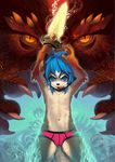  anthro blue_eyes blue_hair canine claws cub dragon duo feral hair hi_res kiske_7key looking_at_viewer mammal nipples pose size_difference skull solo standing sword topless underwear weapon young 