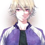  blonde_hair ivan_karelin jacket letterman_jacket male_focus purple_eyes purple_jacket smile solo tears tiger_&amp;_bunny torico_sss 