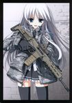  absurdres assault_rifle black_legwear blue_eyes bushmaster_acr gloves gun highres jacket jormungand koko_hekmatyar long_hair looking_at_viewer open_mouth rifle scan silver_hair skirt smile solo standing suzuri_(tennenseki) thighhighs trigger_discipline weapon windowboxed zettai_ryouiki zipper 