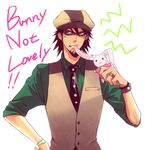  1boy biting bracelet brown_eyes brown_hair cabbie_hat engrish facial_hair hat jewelry kaburagi_t_kotetsu male_focus mask okayu ranguage ring solo stubble stuffed_animal stuffed_bunny stuffed_toy tiger_&amp;_bunny vest waistcoat watch wedding_band wristwatch 